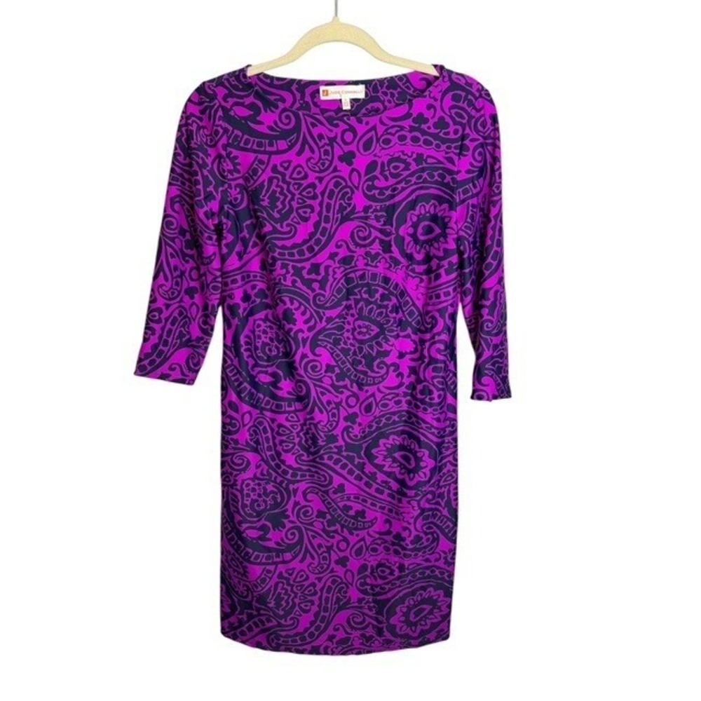 Jude Connally Dress Women's 6 Paisley 3/4 Sleeve Shift Abstract Purple Black